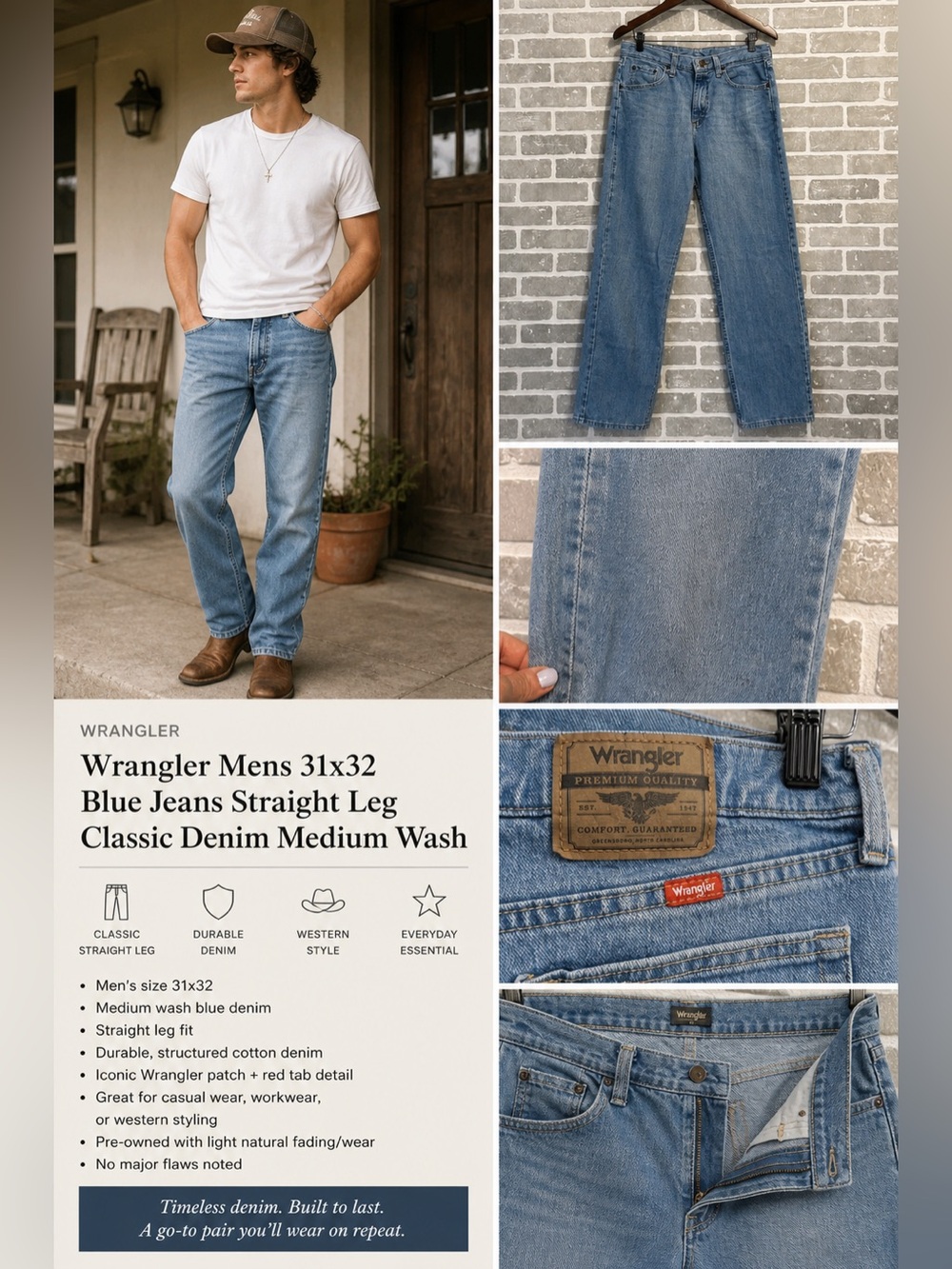Wrangler Mens 31x32 Blue Jeans Straight Leg Classic‎ Denim Medium Wash Western